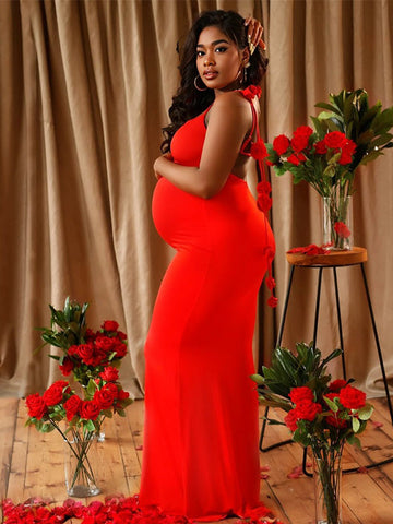 Red Backless 3D Flower Cascading Ruffle Spaghetti Strap Cami Mermaid Bodycon Party Photoshoot Maternity Maxi Dress Maternity